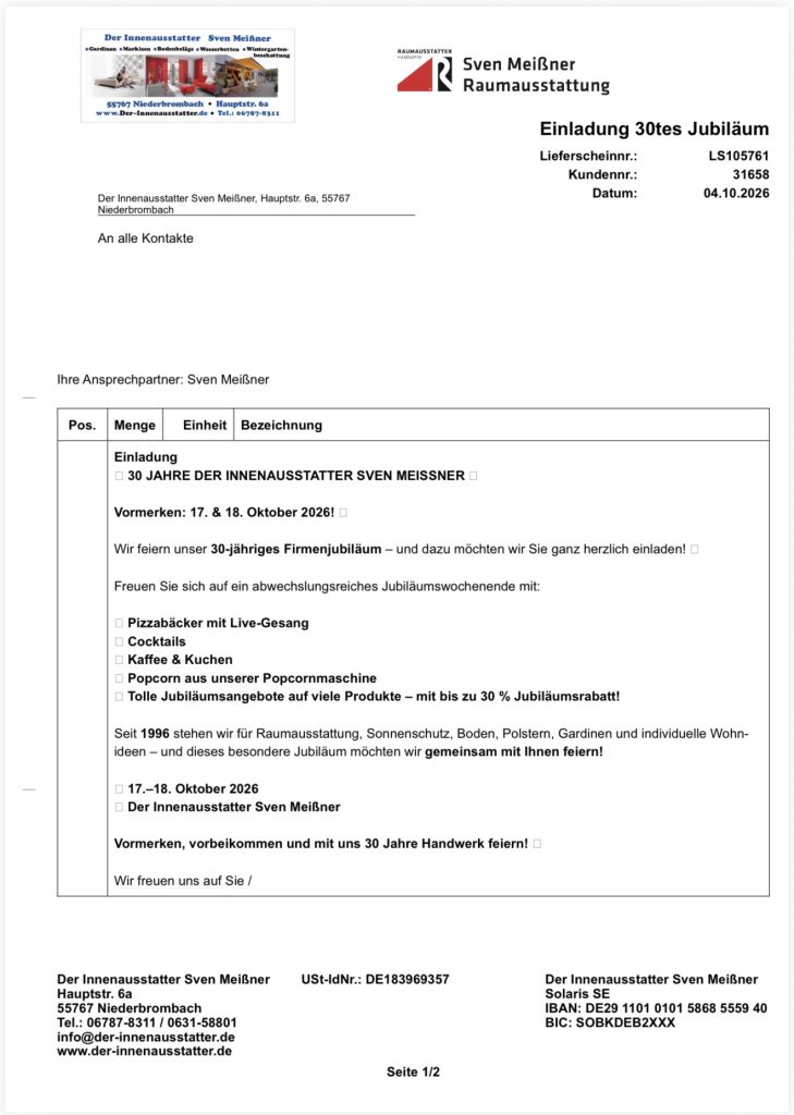 Der Innenausstatter Sven Meißner Jubiläumseinladung